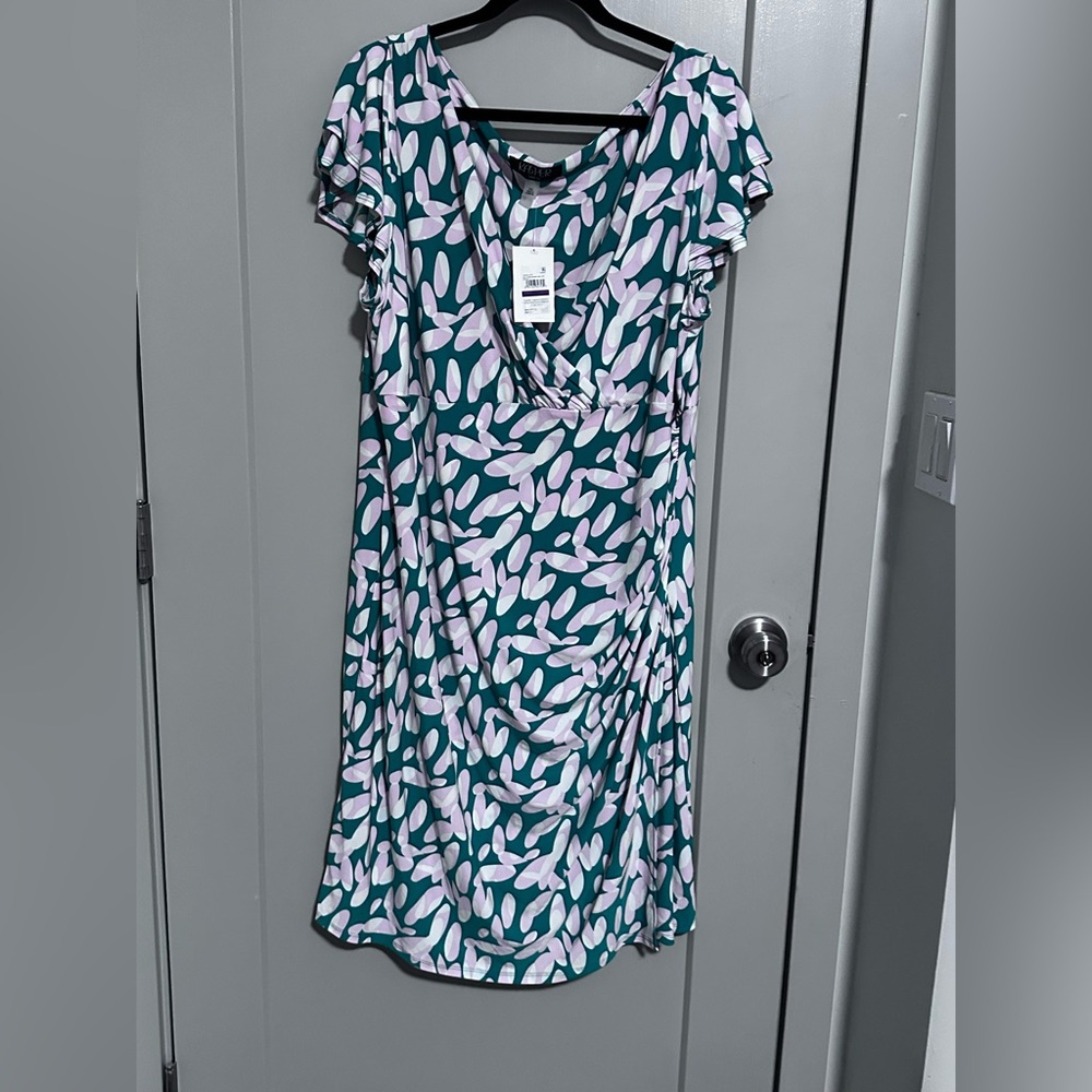 *Kasper Teal and White Leaf Print Midi Dress